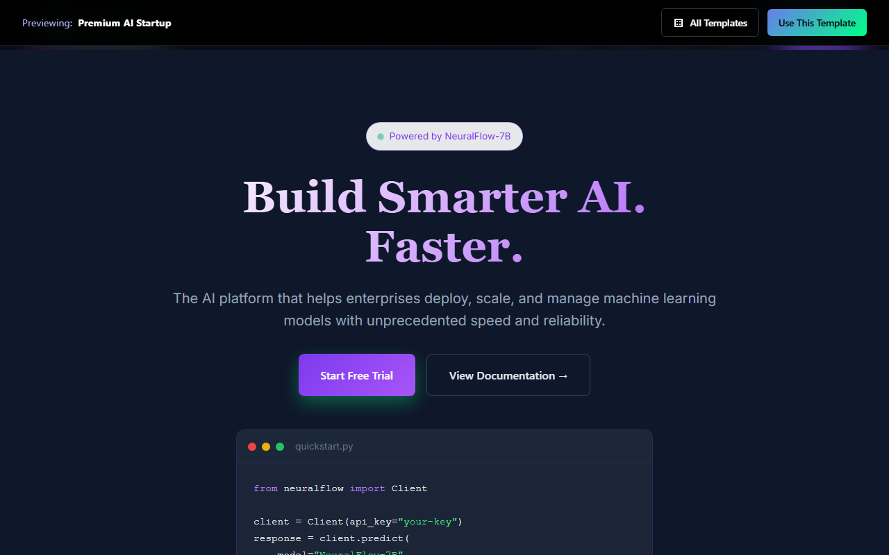 Premium AI Startup website template preview