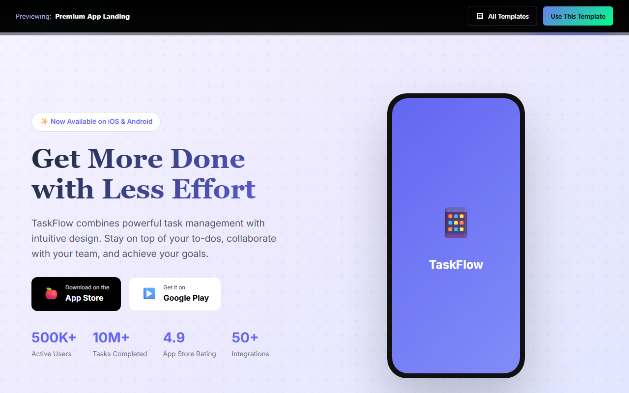 Premium App Landing website template preview