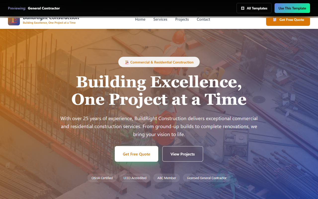General Contractor website template preview